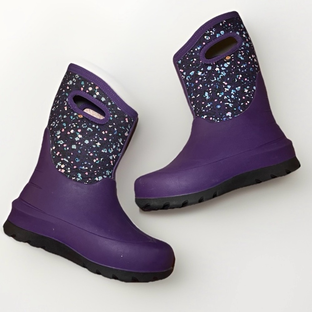 Bogs Kids Youth 4 Purple Floral Rain Boots Waterproof Insulated Winter Spring